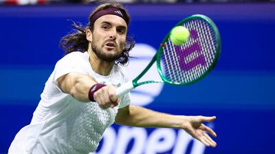 Greece's Stefanos Tsitsipas hits a backhand during his match against USA's Ben Shelton. (AFP)