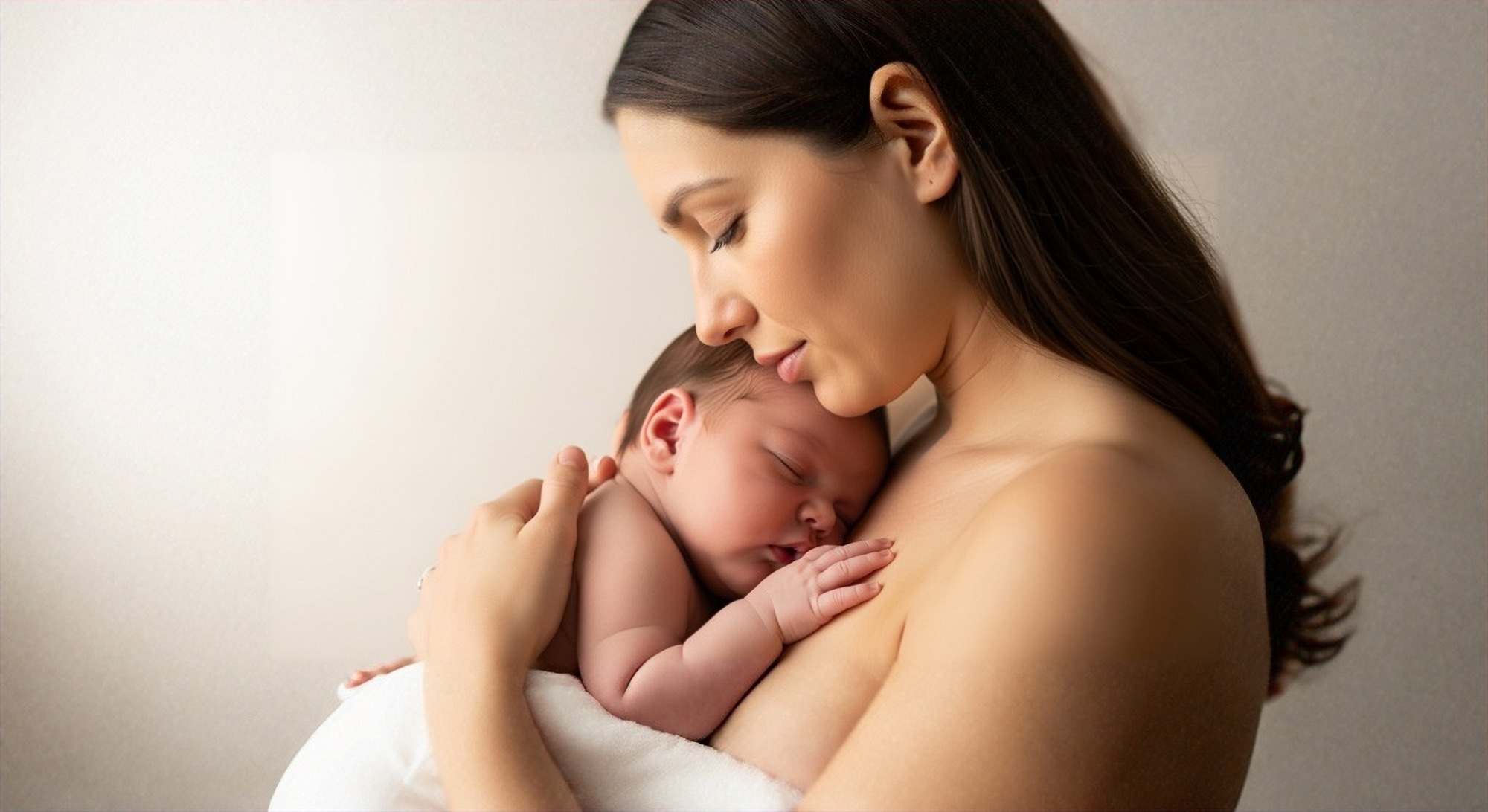 Mother holding newborn baby, skin to skin contact.