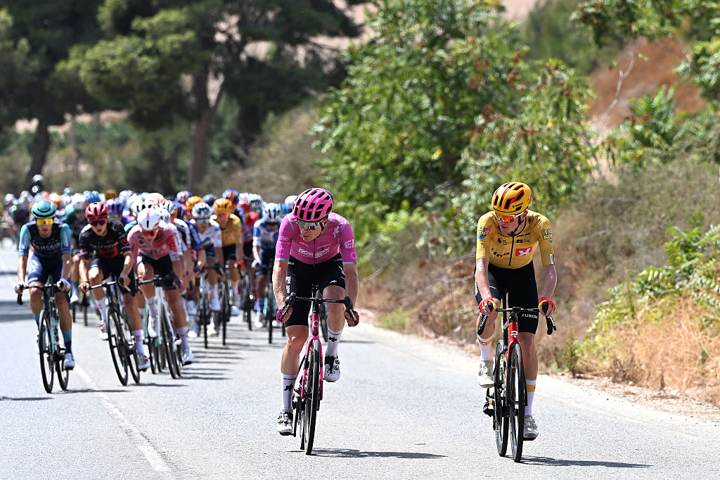 CALAR ALTO, SPAIN - SEPTEMBER 03: (L-R) Georg Steinhauser of Germany and Team EF Education - EasyPost and Martin Tjotta of Norway and Team Uno-X Mobility attack during the La Vuelta - 81st Tour of Spain 2026, Stage 12 a 166.6km stage from Vera to Calar Alto 2151m / #UCIWT / on September 03, 2026 in Vera, Spain. (Photo by Tim de Waele/Getty Images)