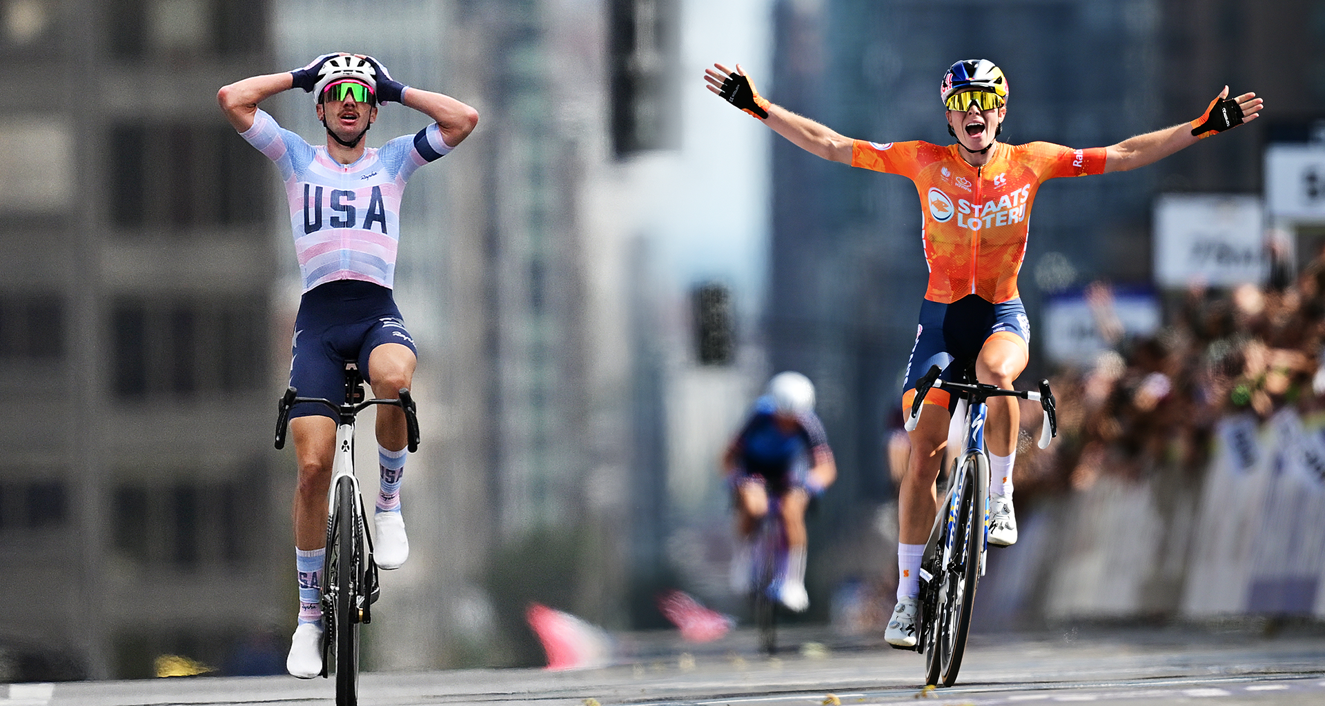Collage of Brandon McNulty and Demi Vollering both crossing the line to win World Championships 2026