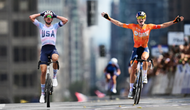 Collage of Brandon McNulty and Demi Vollering both crossing the line to win World Championships 2026