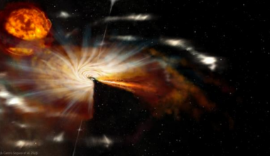 Artist impression of the binary black hole, Swift J1727.8−1613, with eruptions of jets emanating from the black hole. (Credit: John A. Paice &amp; Noel Castro Segura et al, ‘SwiftJ1727 - Final - No Overlay – DonorJetClouds’, (2026))
