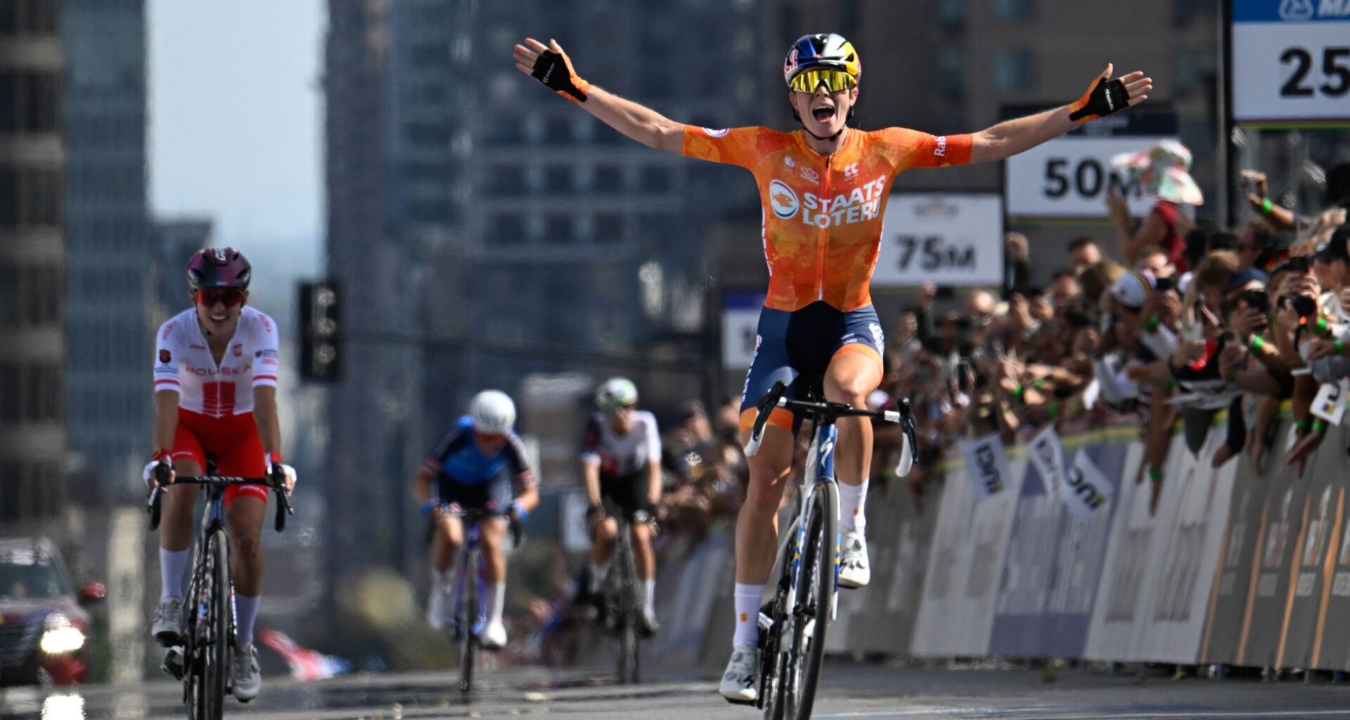 UCI Road World Championships: Demi Vollering outsprints Kasia Niewiadoma-Phinney to first world title in women's elite road race after gripping final lap duel