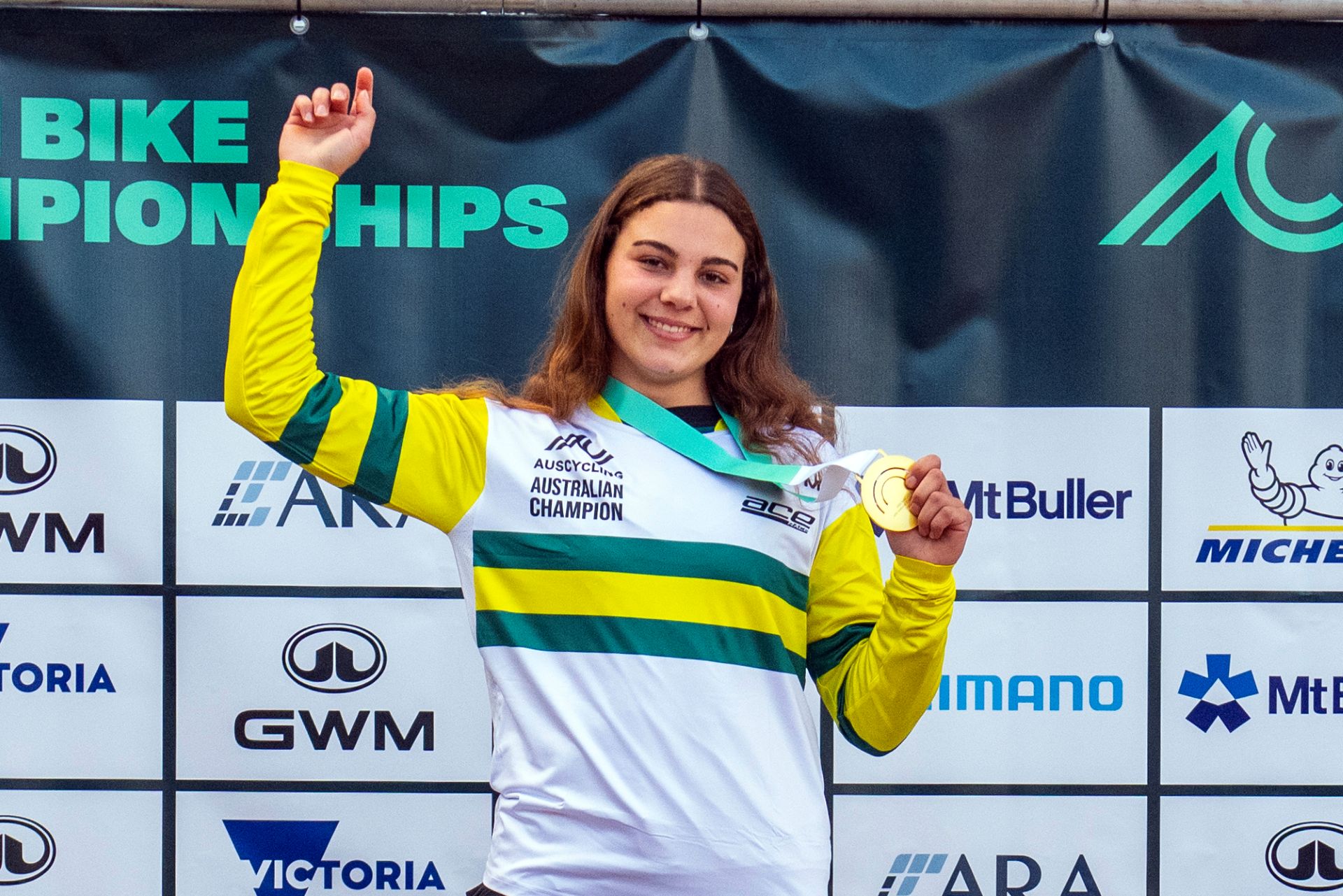 Elleni Turkovic in the national champion's jersey at the AusCycling Downhill Mountain Bike National Championships