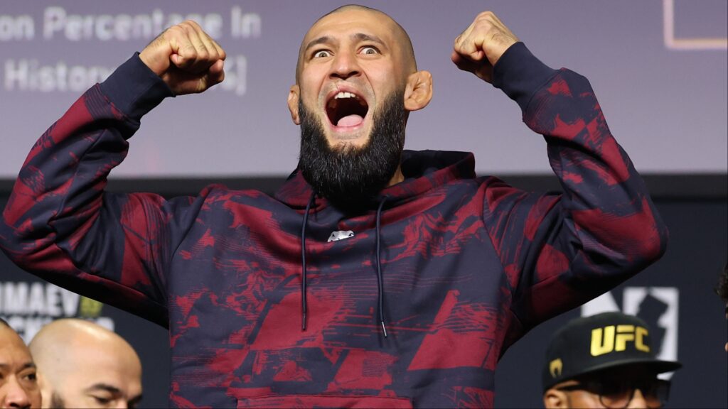 Khamzat Chimaev on the scale at the UFC 328 ceremonial weigh-in