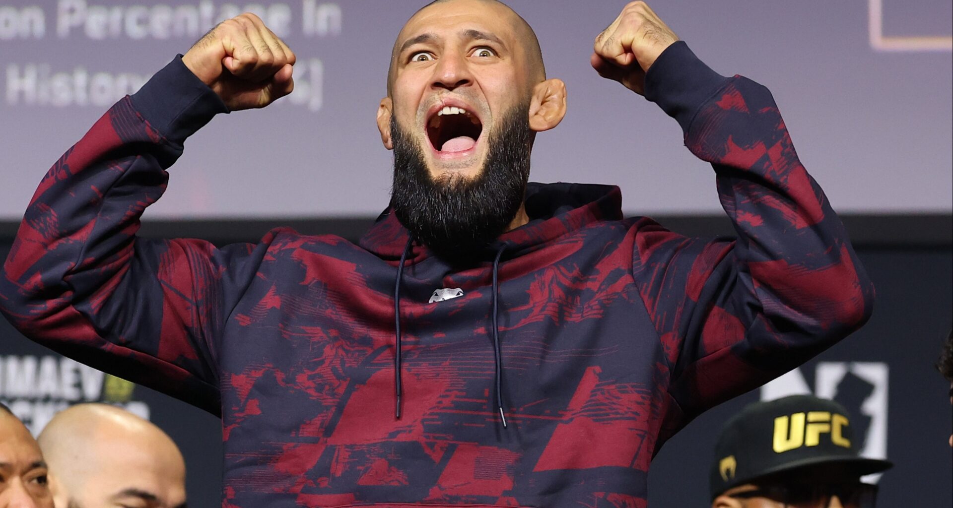 Khamzat Chimaev on the scale at the UFC 328 ceremonial weigh-in