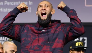 Khamzat Chimaev on the scale at the UFC 328 ceremonial weigh-in