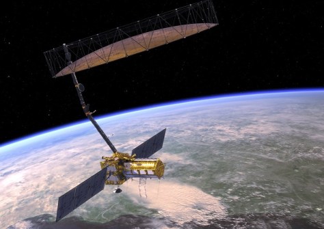 An artist's impression of a satellite with a large dish antenna, with the Earth below.