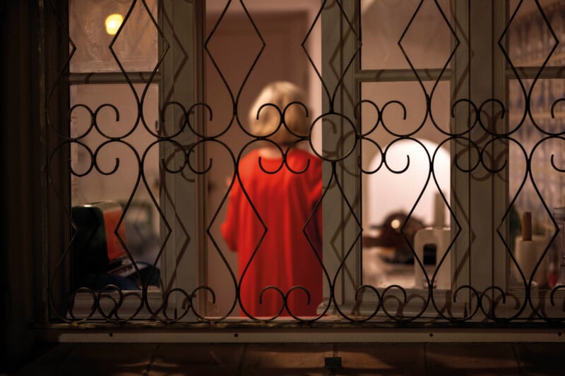 A person with blonde hair wearing a red dress stands inside a room, viewed through a window with a decorative metal security grille.
