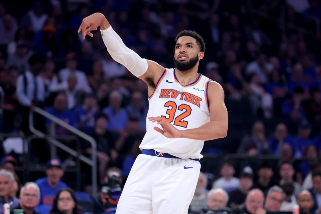 May 19, 2026; New York, New York, USA; New York Knicks center Karl-Anthony Towns (32) watches his three point shot against the Cleveland Cavaliers during the third quarter of game one of the eastern conference finals during the 2026 NBA playoffs at Madison Square Garden. Mandatory Credit: Brad Penner-Imagn Images