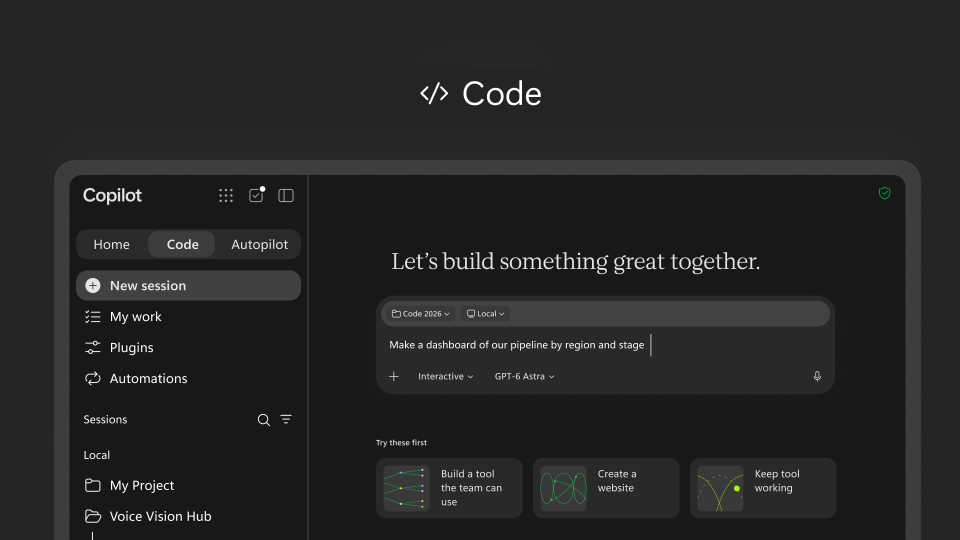 Black image with Code at top showing new feature in Copilot.