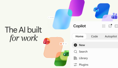 Collection of Copilot logos featuring tagline The AI built for work.
