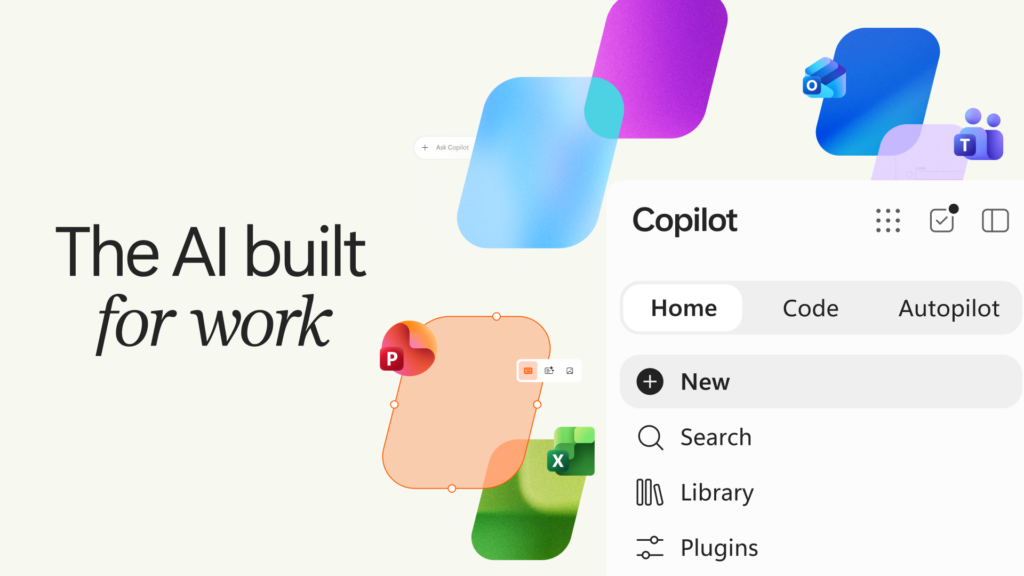 Collection of Copilot logos featuring tagline The AI built for work.