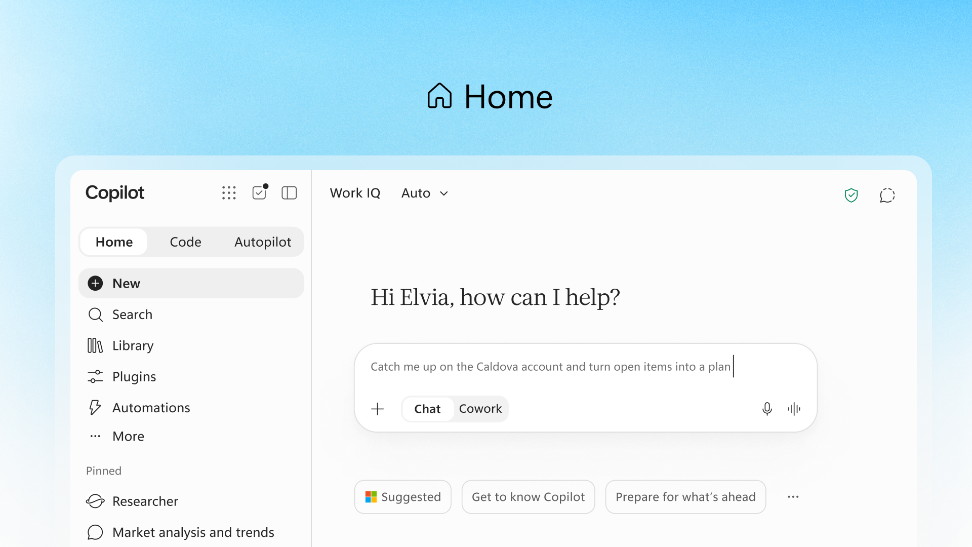 Screenshot of new home page on Copilot.