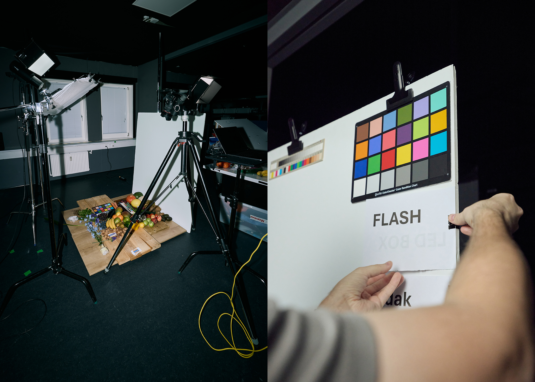 Split image showing a professional photo studio setup with fruits on a wooden surface, and a close-up of hands adjusting a color calibration chart