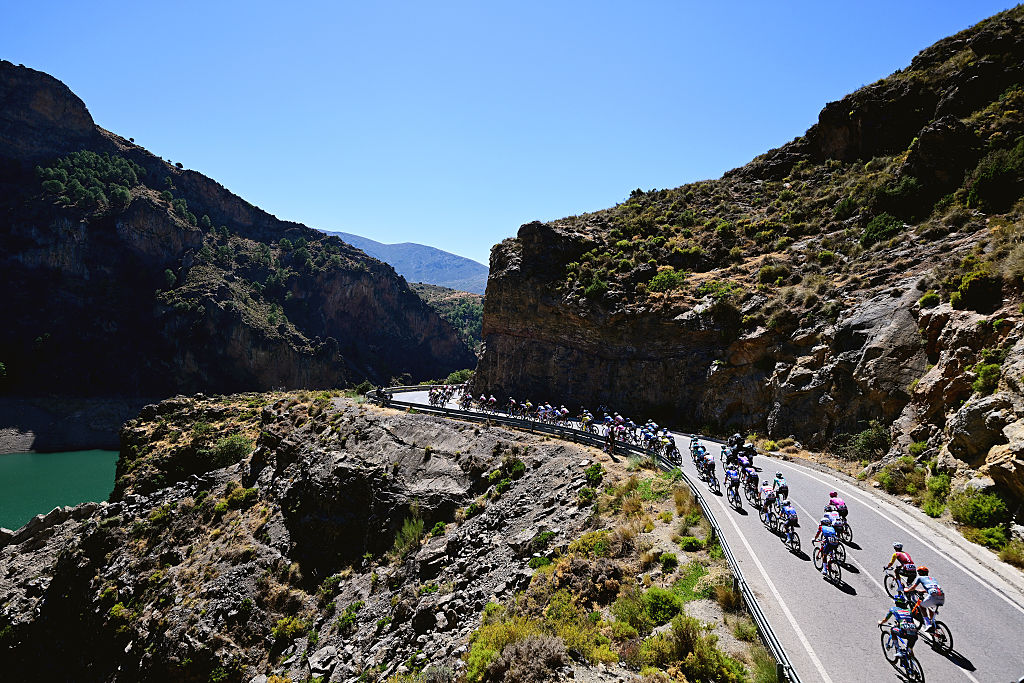 COLLADO DEL AGUACIL, SPAIN - SEPTEMBER 12: A general view of the peloton climbing to the Puerto de Los Blancares (1297m) during the La Vuelta - 81st Tour of Spain 2026, Stage 20 a 210.8km stage from La Calahorra to Collado del Alguacil 1887m / #UCIWT / on September 12, 2026 in Collado del Alguacil, Spain. (Photo by Tim de Waele/Getty Images)