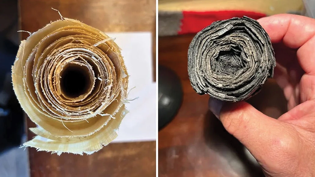 Top view of a rolled-up scroll (left) and top view of a burned and rolled-up scroll (right).