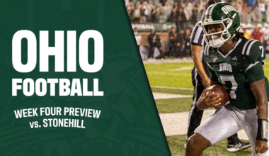 Ohio Football Preview with a picture of Levi Davis scoring a two-point conversion