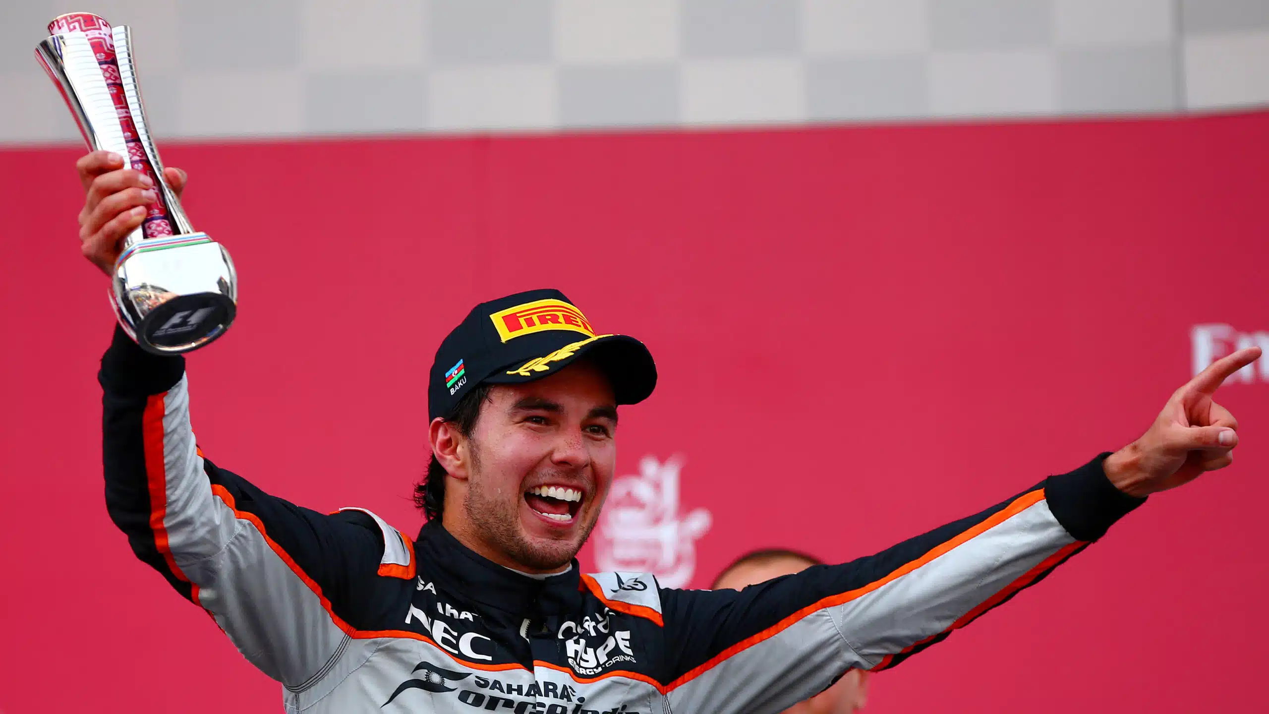 Sergio Perez celebrates a podium finish at the 2016 European Grand Prix in Baku