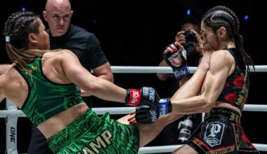 Stamp Fairtex fires a teep on Selina Flores at ONE Fight Night 47