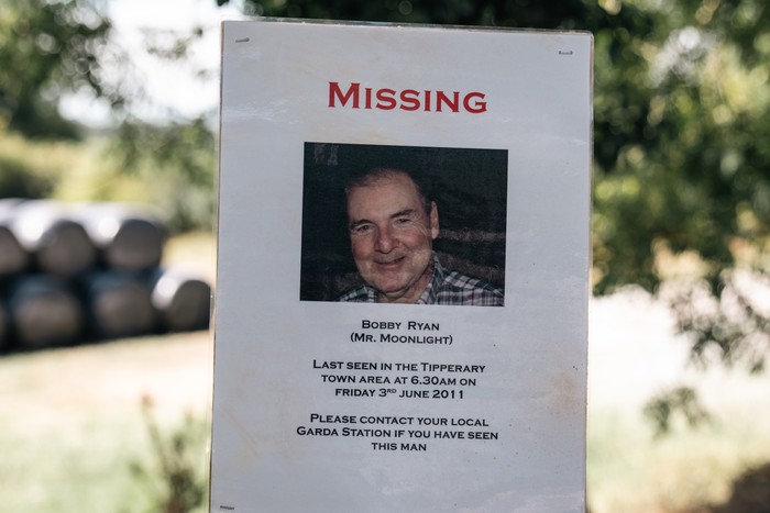 Brendan Coyle as Bobby Ryan in The Murder of Mr. Moonlight A poster of a missing person on a lamppost.