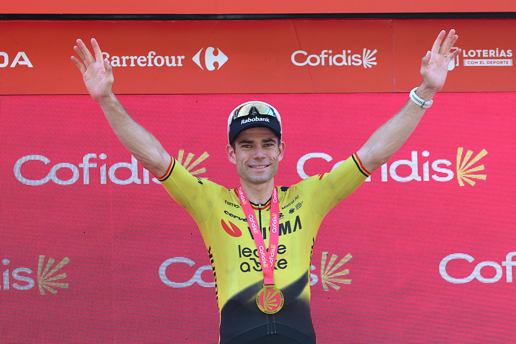 CORDOBA, SPAIN - SEPTEMBER 06: Wout Van Aert of Belgium and Team Visma | Lease a Bike celebrates at podium as stage winner during the La Vuelta - 81st Tour of Spain 2026, Stage 15 a 110.2km stage from Palma del Rio to Cordoba / #UCIWT / Stage shortened due to extreme temperature weather alert / on September 06, 2026 in Cordoba, Spain. (Photo by Alexander Hassenstein/Getty Images)