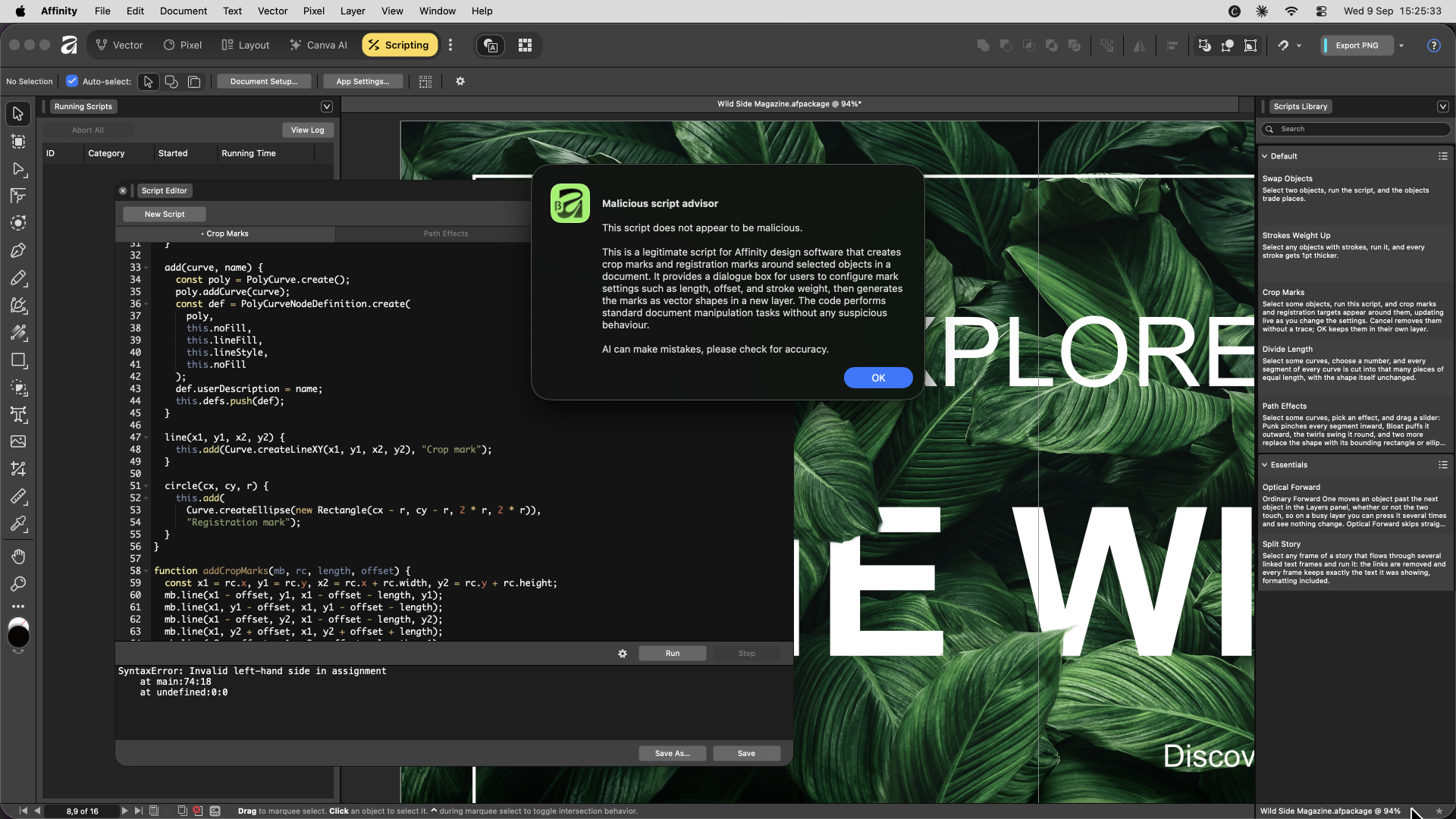 A screenshot of Affinity's Scripting interface with JavaScript code for adding crop marks, a scripts library panel on the right, and a "Malicious script advisor" pop-up confirming the script is safe.