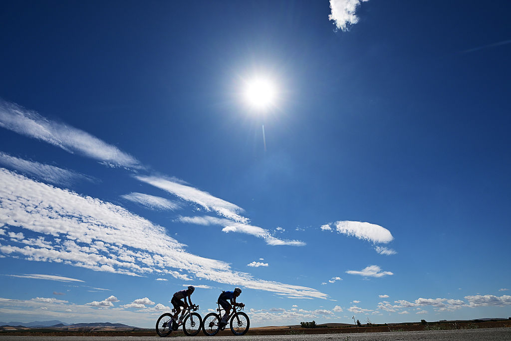 SEVILLA, SPAIN - SEPTEMBER 09: (L-R) Sinuhe Fernandez of Spain and Team Burgos Burpellet BH and Enzo Paleni of France and Team Groupama - FDJ United compete in the breakaway during the La Vuelta - 81st Tour of Spain 202, Stage 17 a 185km stage from Dos Hermanas to Sevilla / #UCIWT / stage from on September 09, 2026 in Sevilla, Spain. (Photo by Tim de Waele/Getty Images)