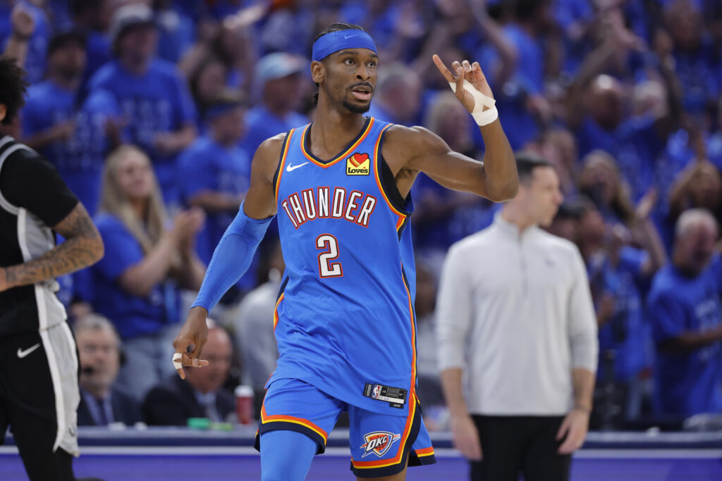 May 30, 2026; Oklahoma City, Oklahoma, USA; Oklahoma City Thunder guard Shai Gilgeous-Alexander (2) reacts in the second quarter against the San Antonio Spurs during game seven of the western conference finals for the 2026 NBA playoffs at Paycom Center. Mandatory Credit: Alonzo Adams-Imagn Images