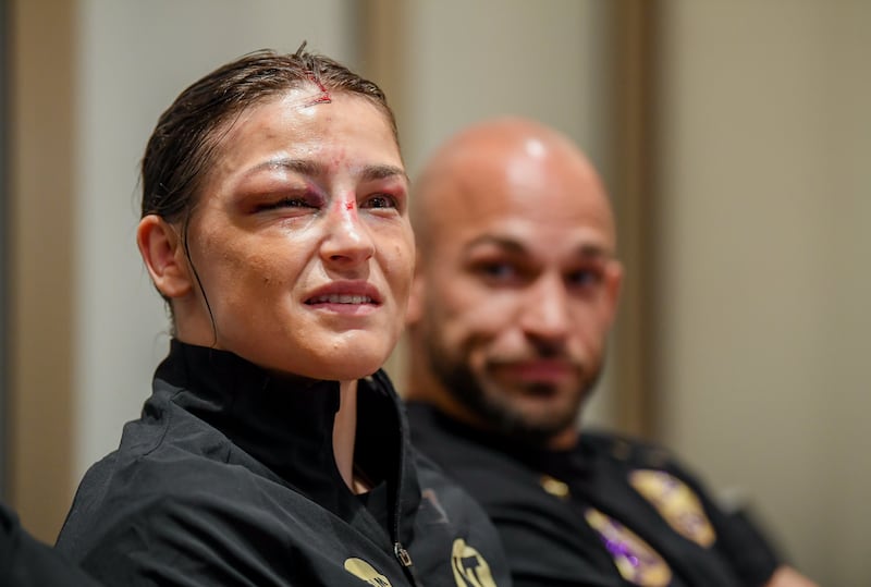 Katie Taylor during a press conference following her fight with Delfine Persoon at Madison Square Garden. Photograph: Stephen McCarthy/Sportsfile via Getty Images