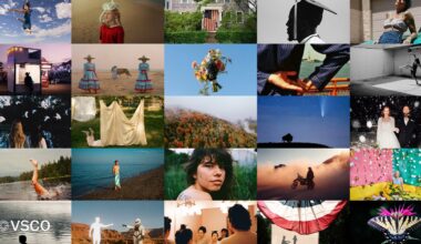 A grid of 25 diverse photographs featuring people, landscapes, nature, and artistic compositions, with a VSCO logo in the bottom left corner.