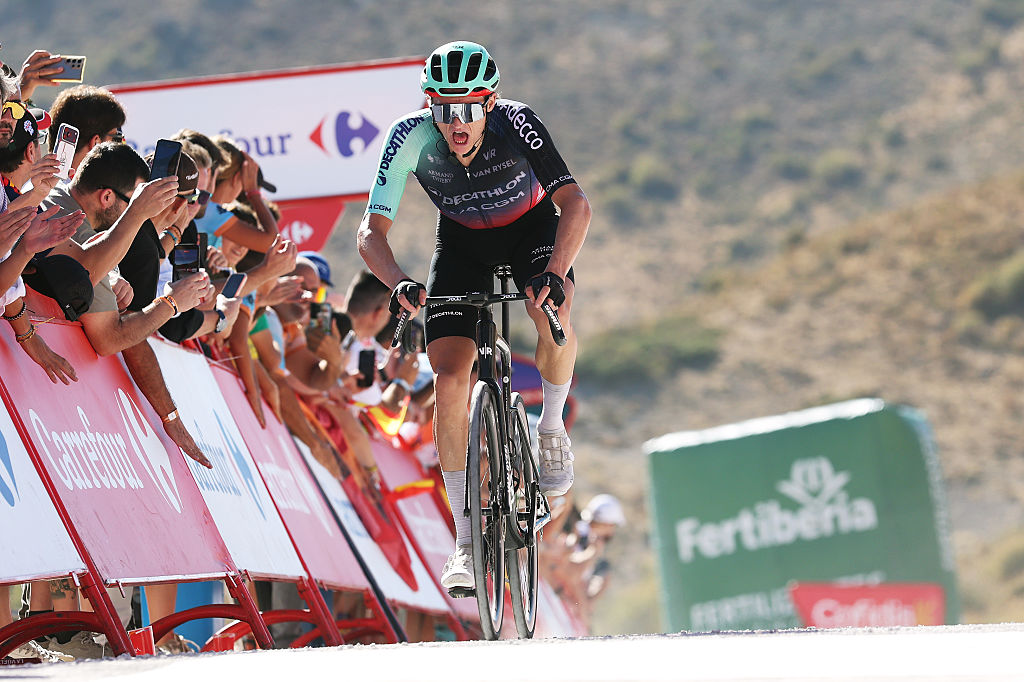 COLLADO DEL AGUACIL, SPAIN - SEPTEMBER 12: Felix Gall of Austria and Team Decathlon CMA CGM crosses the finish line during the La Vuelta - 81st Tour of Spain 2026, Stage 20 a 210.8km stage from La Calahorra to Collado del Alguacil 1887m / #UCIWT / on September 12, 2026 in Collado del Alguacil, Spain. (Photo by Alexander Hassenstein/Getty Images)