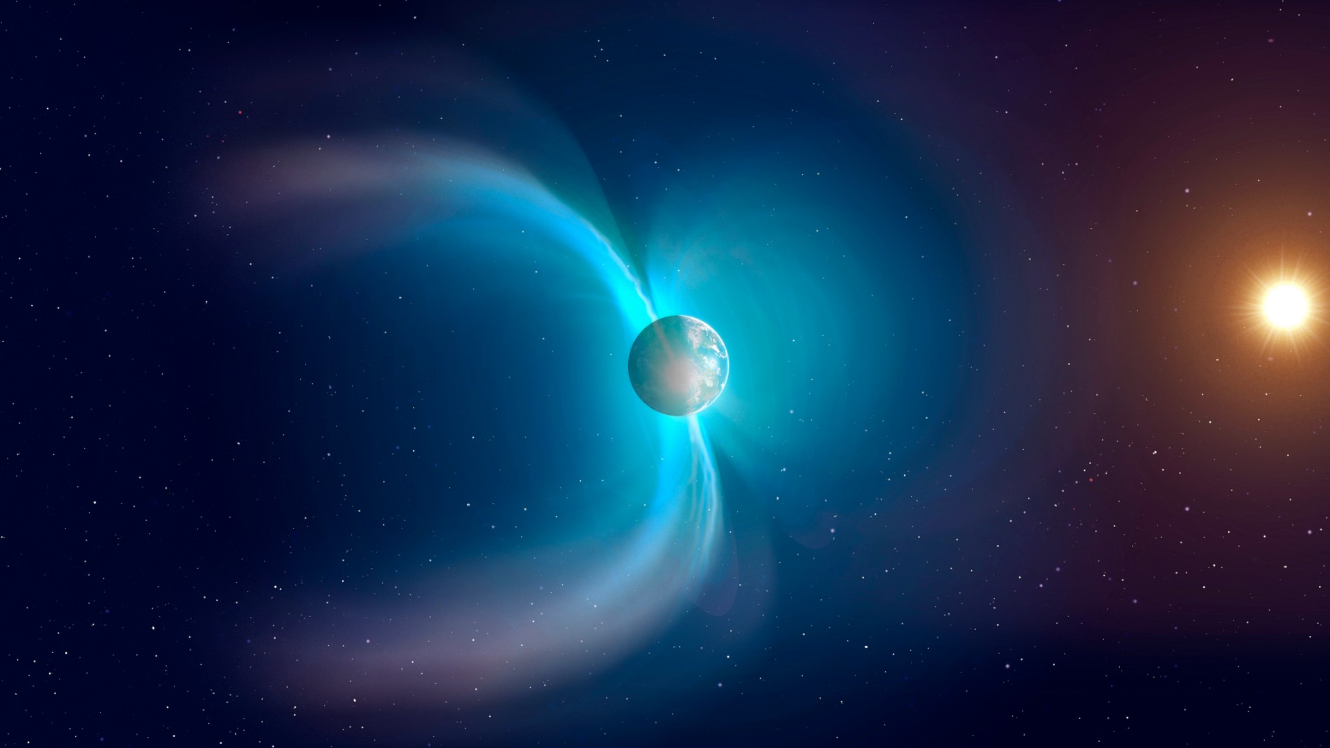 Computer artwork showing the interaction of the solar wind with Earth's magnetic field (not to scale).