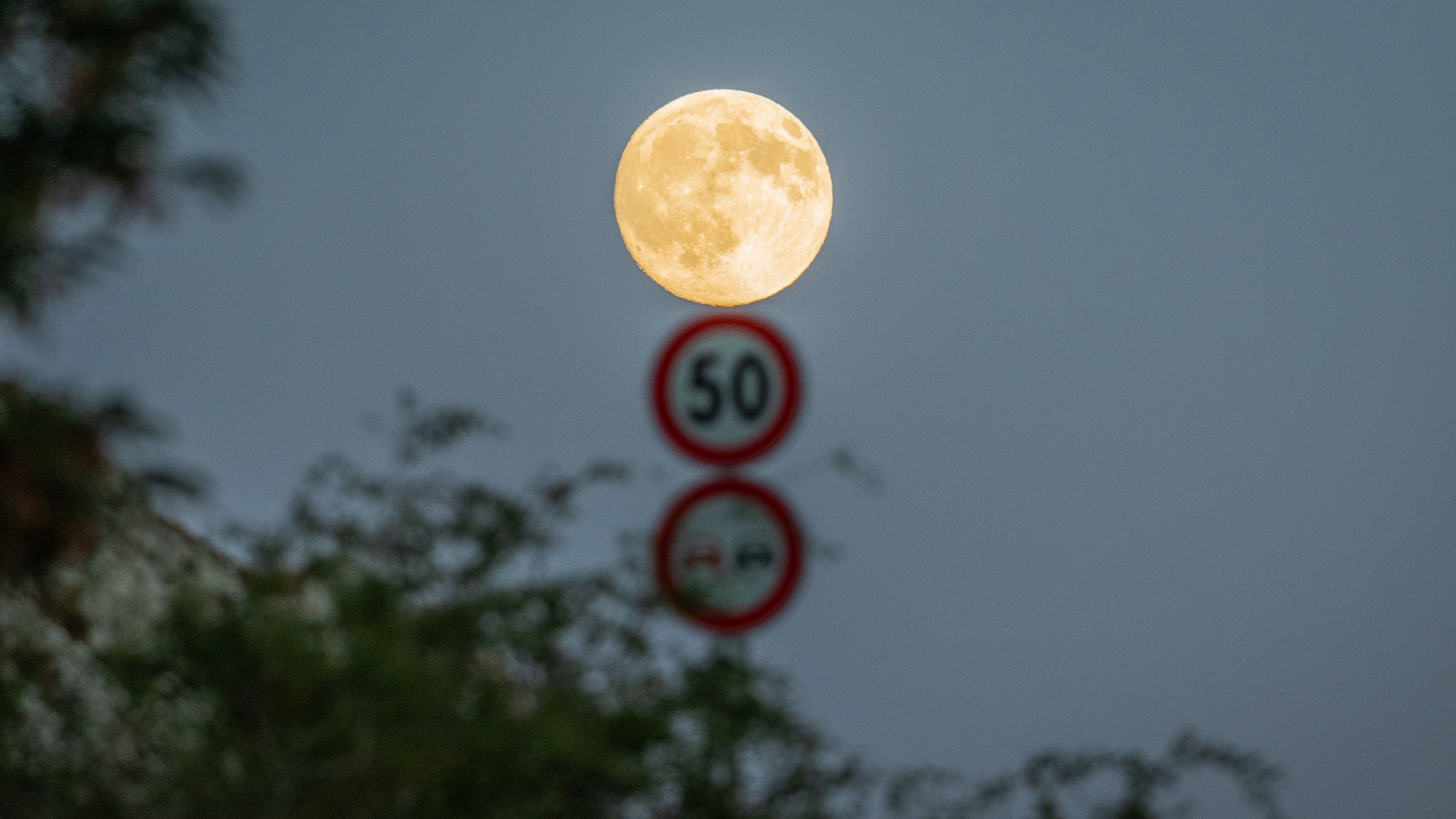 A large orange full moon appears above a road signs against the evening sky in L'Aquila, Italy.
