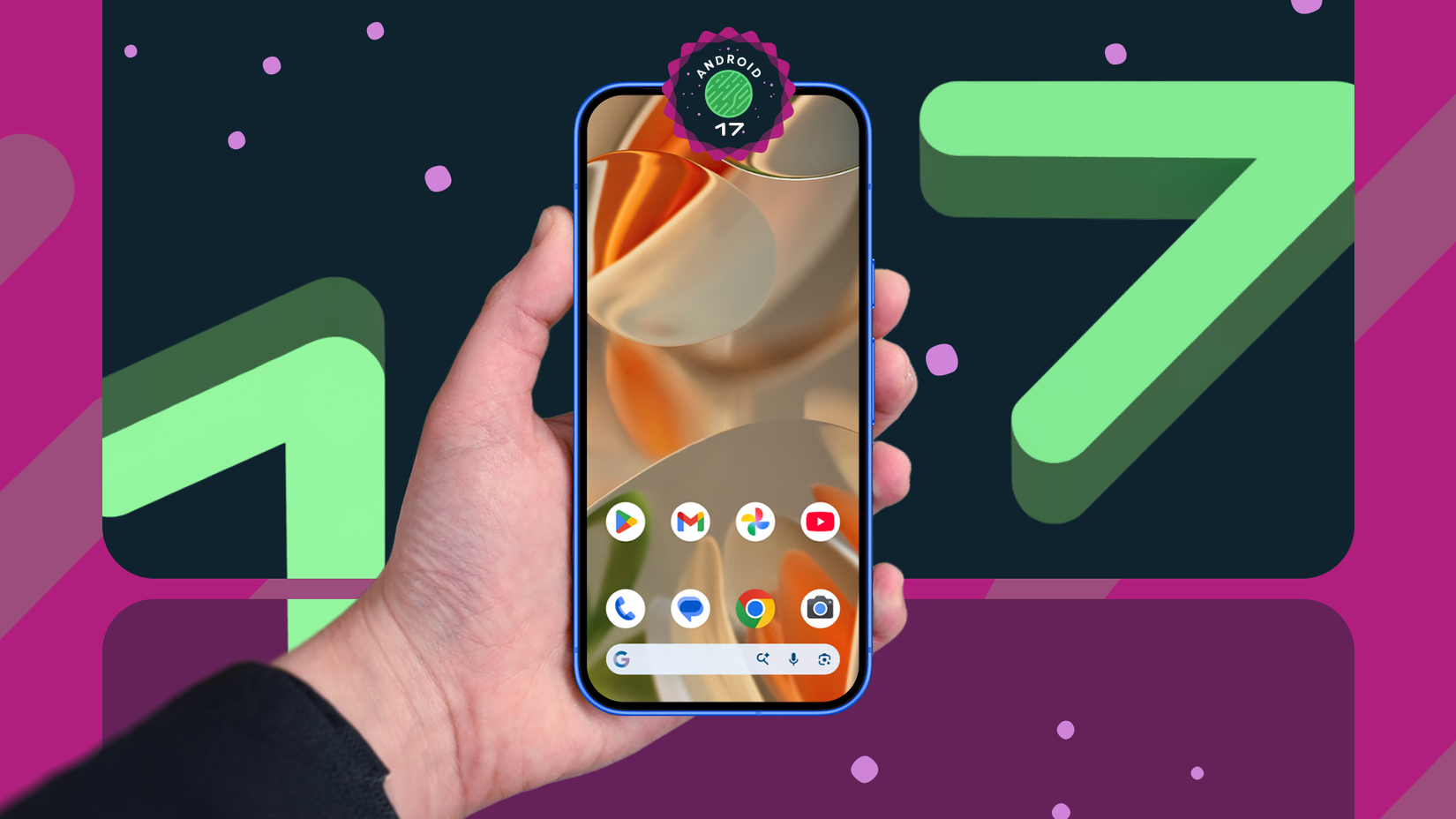 A hand holding a smartphone displaying a minimalist Android 17 home screen.