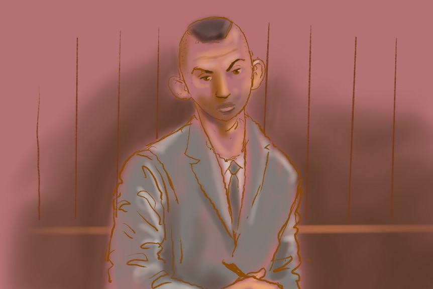 A court sketch of Lamarre-Condon in a suit, in the dock, looking direct ahead.
