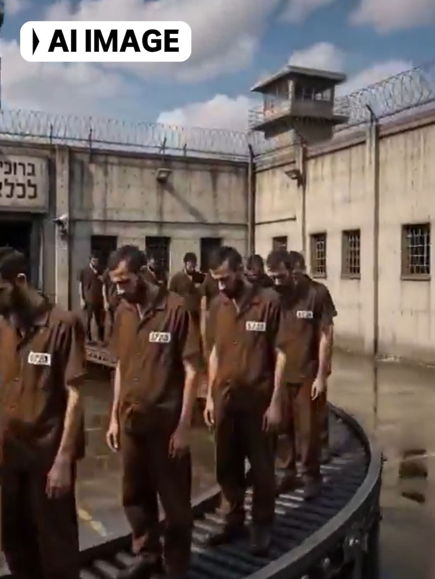 An AI generated video showing prisoners on a conveyor belt.