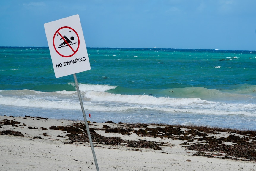 A floral tribute tied to a no swimming sign at the beach