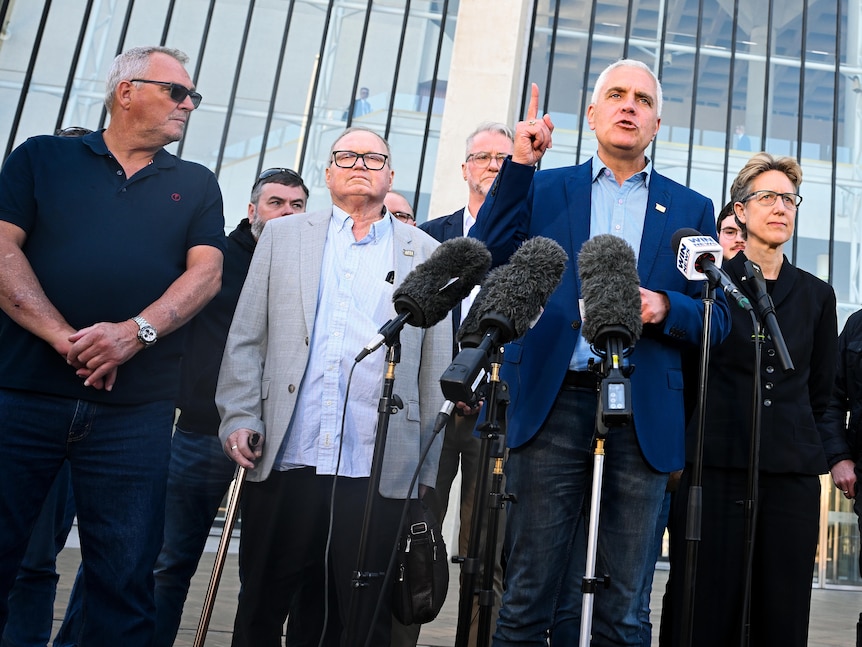A group of people, led by a man talking and pointing upwards, outside the High Court.