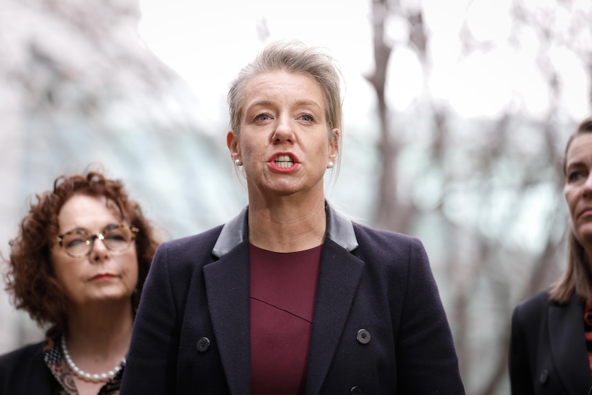 Bridget McKenzie speaks outside, with two people visible behind her, and a row of trees.