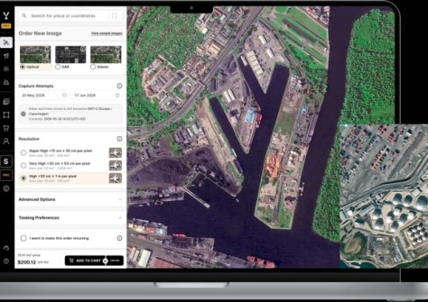 A SkyFi platform screenshot showing optical satellite imagery of a port