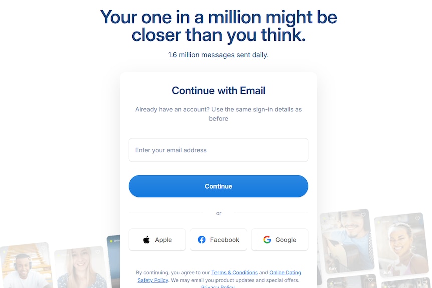A picture of the opening page of the dating app Zoosk.