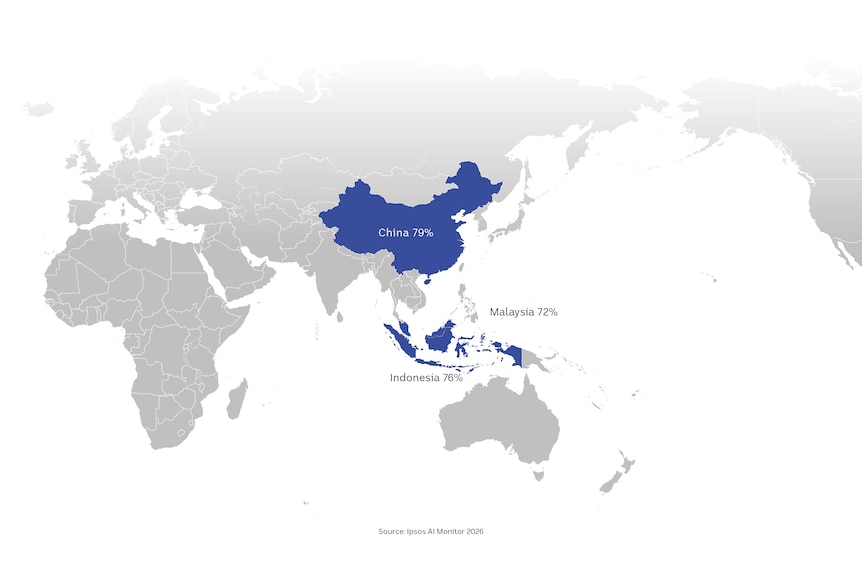 A world map highlighting China with 79 per cent, Indonesia 76 per cent and Malaysia 72 per cent.