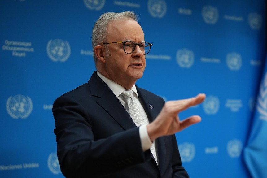 Albanese, a middle aged white man in dark suit and light tie with tortoiseshell glasses, speaking against blue UN backdrop