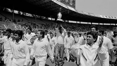 The Indian domestic legend along with Sachin Tendulkar and Kiran More. (AFP)