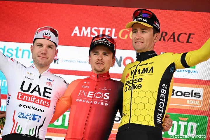 Podium of the 2024 Amstel Gold Race: Tom Pidcock, Tiesj Benoot, Marc Hirschi