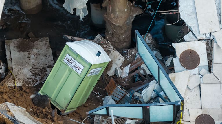 An aerial view of a sinkhole which collapsed the driveway of a coastal mansion owned by actor Nicolas Cage.