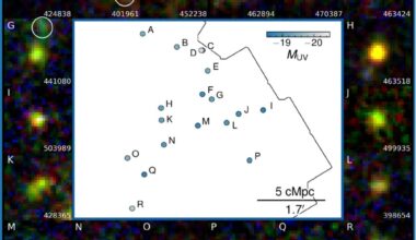 Researches working with JWST data have found an overdensity of galaxies in the early Universe. They're close together and interacting, and they may be carving out a bubble of ionized hydrogen. Is the space telescope seeing the first signs of cosmic reionization? Image Credit: Wu et al. 2026. ApJ