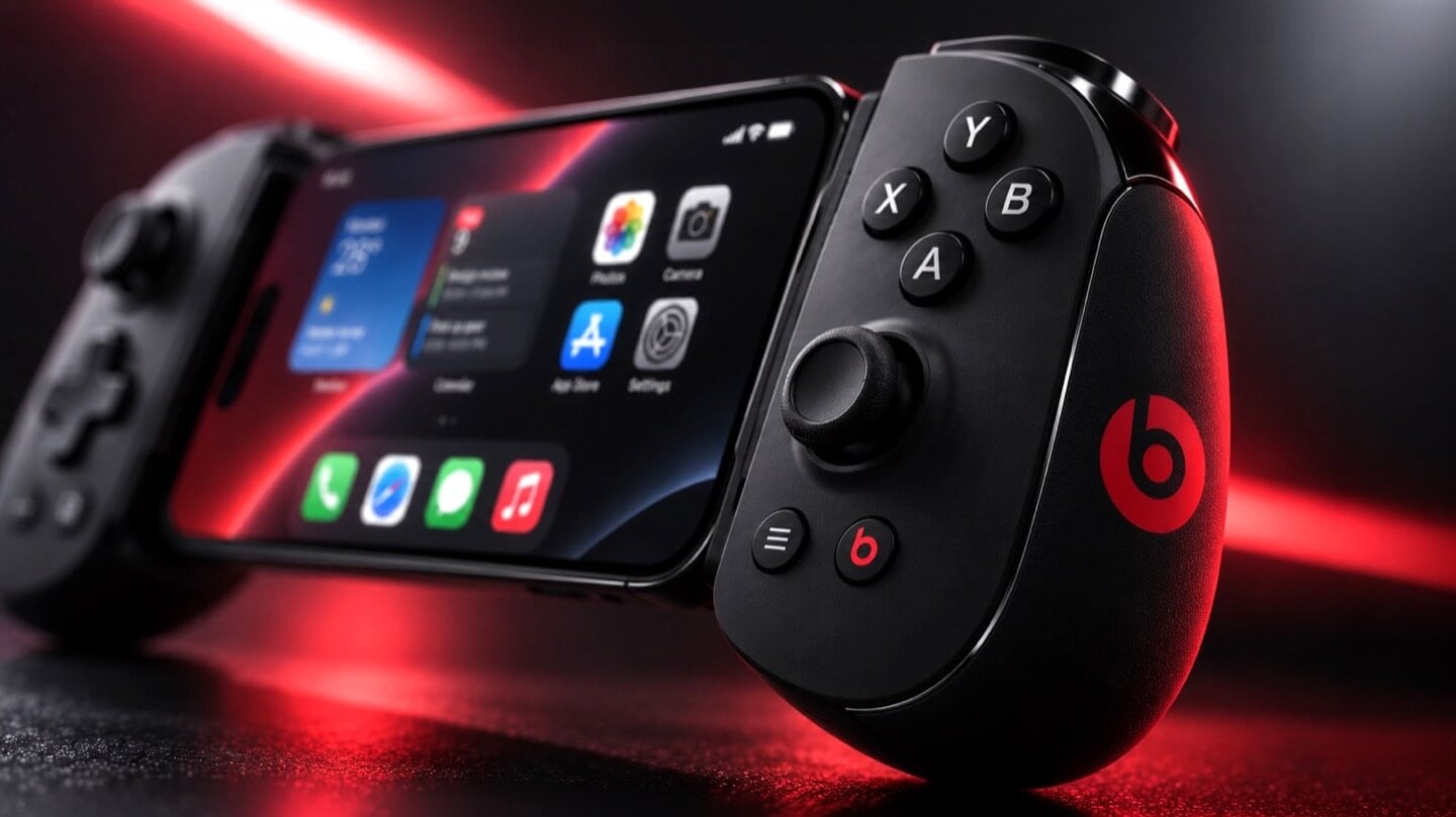 Close-up of the left grip of a concept Beats branded iPhone game controller, showing the D-pad, thumbstick, and red Beats logo, with the clamped iPhone visible in soft focus behind it.