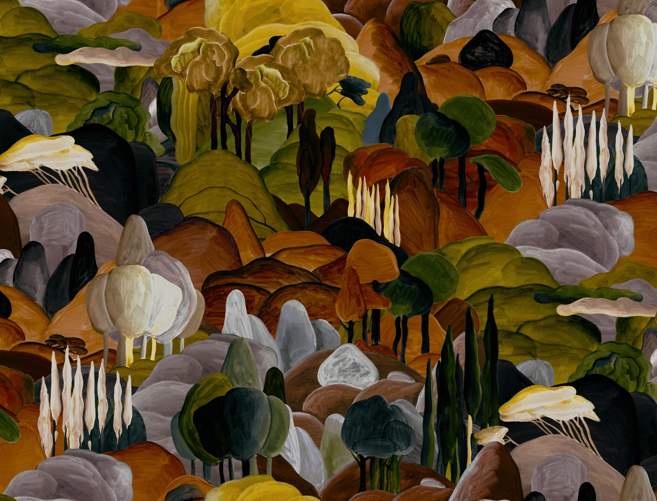 Stylised botanical illustration featuring yellow flowers, white lantern plants, dark cypress trees and layered foliage in earthy tones and muted colours